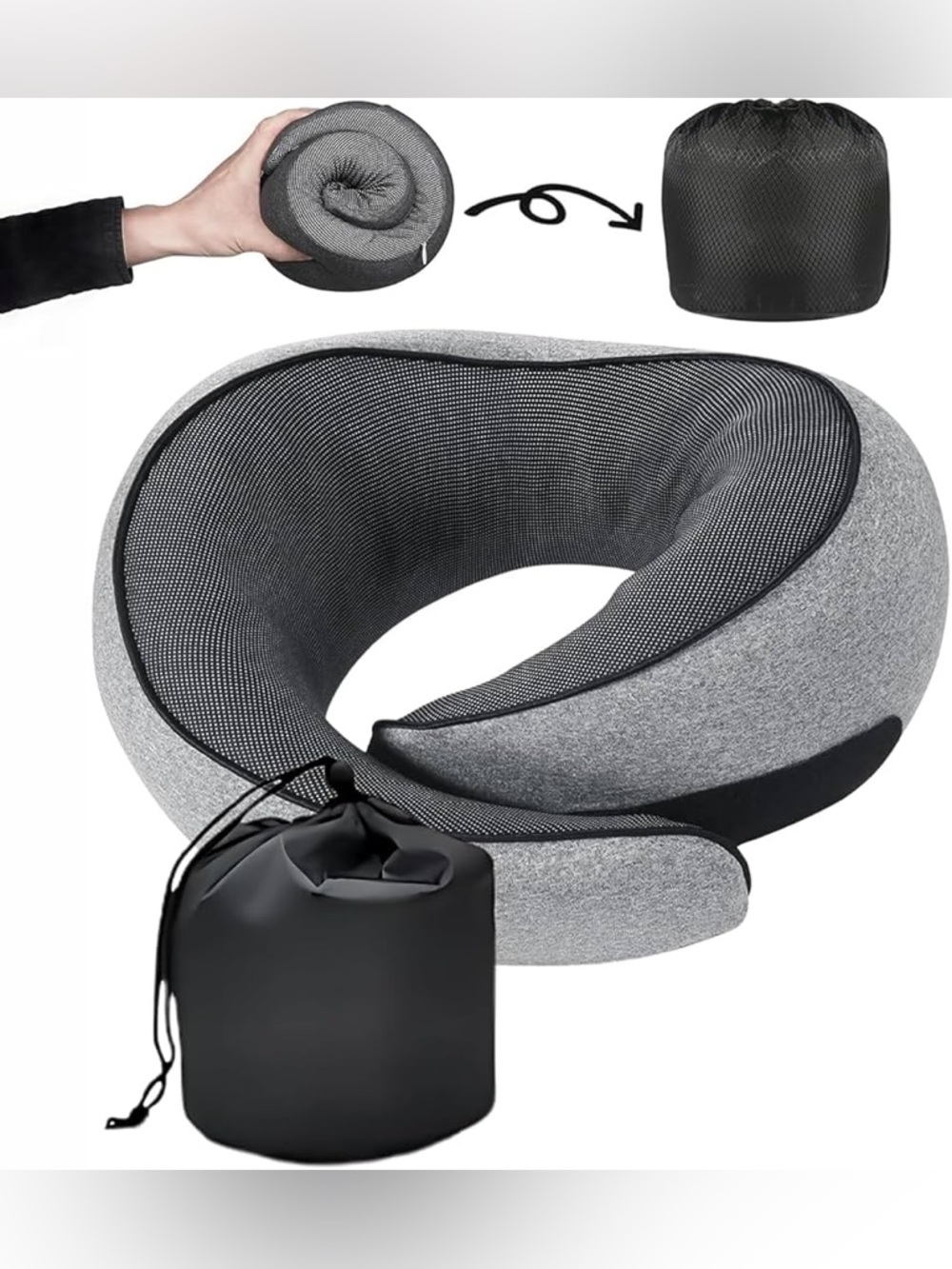 Memory Foam Travel Neck Pillow Gray Compact Roll Up w/ Storage Bag Airplane EUC